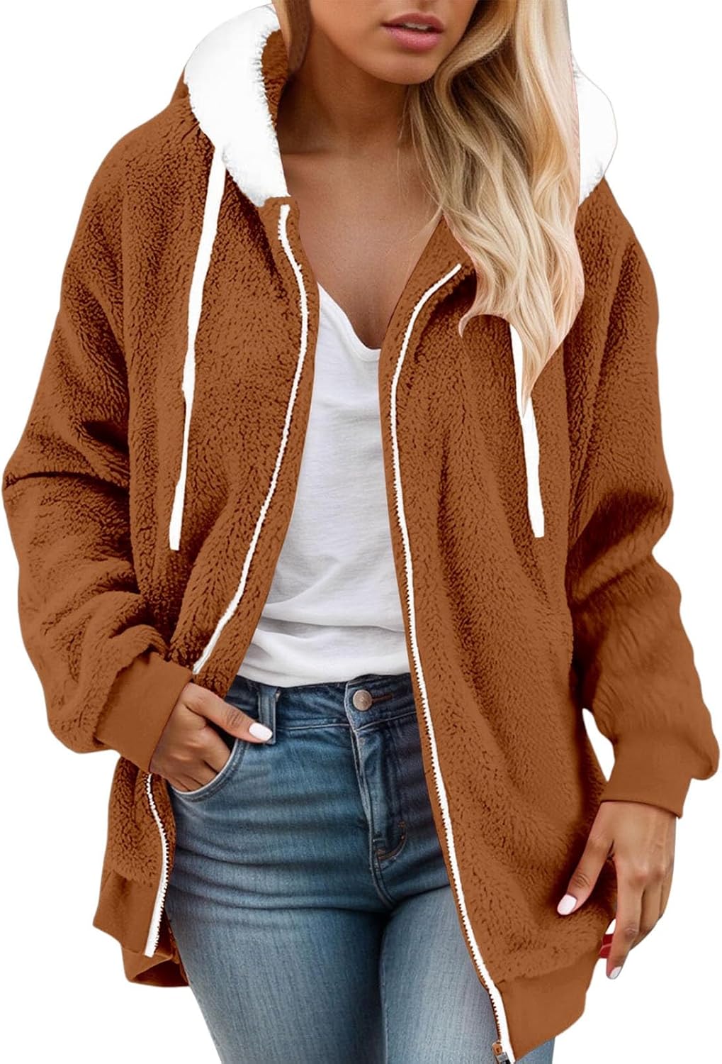 Teddy Plüschjacke Damen - Weiche Fleecejacke Mit Kapuze Größe S-5XL