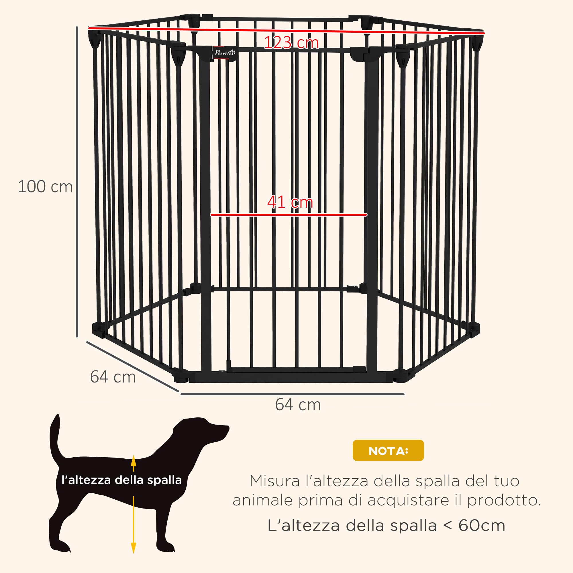 PawHut Cancellino per Cani Taglia Media Pieghevole con Doppia Chiusura di Sicurezza, Cancelletto di Sicurezza Modulabile in Metallo e Plastica, 123x102x100 cm, Nero