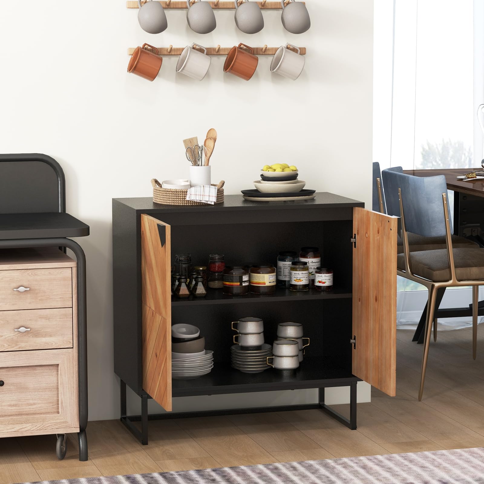 COSTWAY Buffet Bas Moderne avec 2 Portes, Étagère et Pieds en Métal (Noir)