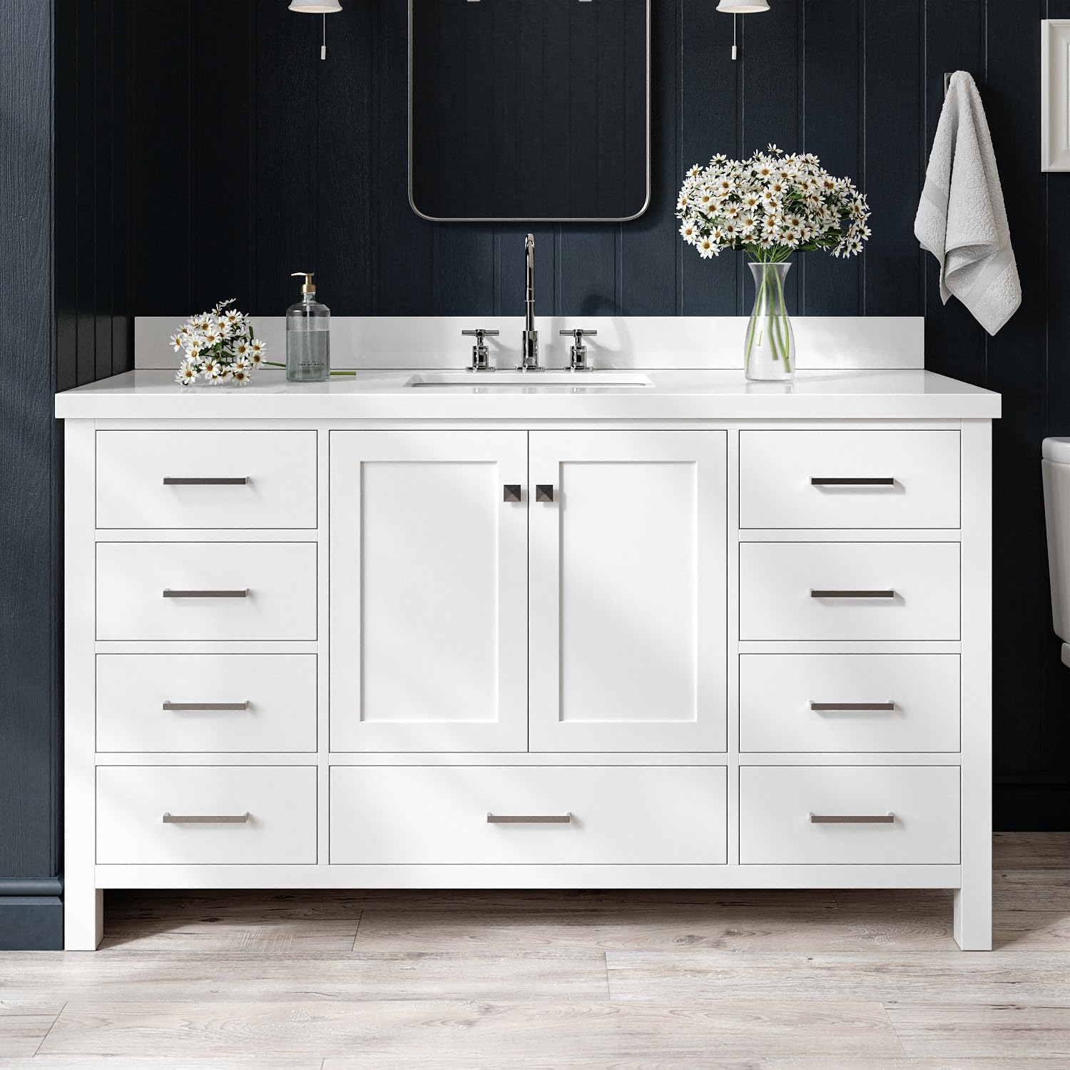 ARIEL Cambridge 60-inch Bathroom Vanity with Sink,Solid Wood, 1.5-inch Pure White Quartz Countertop & Backsplash, Single Rectangular Porcelain Sink, 2 Soft Closing Doors, 9 Dovetail Drawers, White
