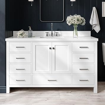 ARIEL Cambridge 60-inch Bathroom Vanity with Sink,Solid Wood, 1.5-inch Pure White Quartz Countertop & Backsplash, Single Rectangular Porcelain Sink, 2 Soft Closing Doors, 9 Dovetail Drawers, White