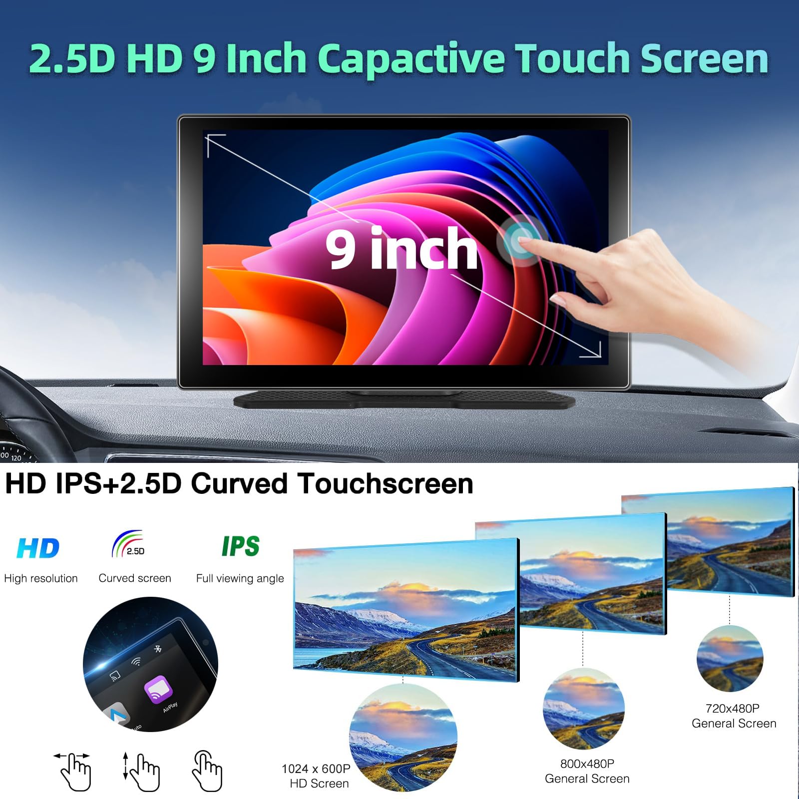 Autoradio Portatile con Touchscreen IPS da 9" di Grandi dimensioni con A-pple Carplay e Android Auto, Podofo Carplay con Trasmettitore Bluetooth/FM per Auto/SUV/Furgoni/Pick-up e Camion, 7V-32V