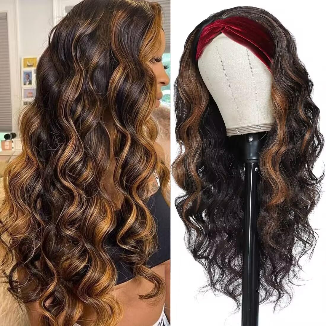 Headband Wigs for Black Women - Glueless Highlight Brown And Black Synthetic Long Wavy Headband Wig - Ready to Wear Daily Party Wear