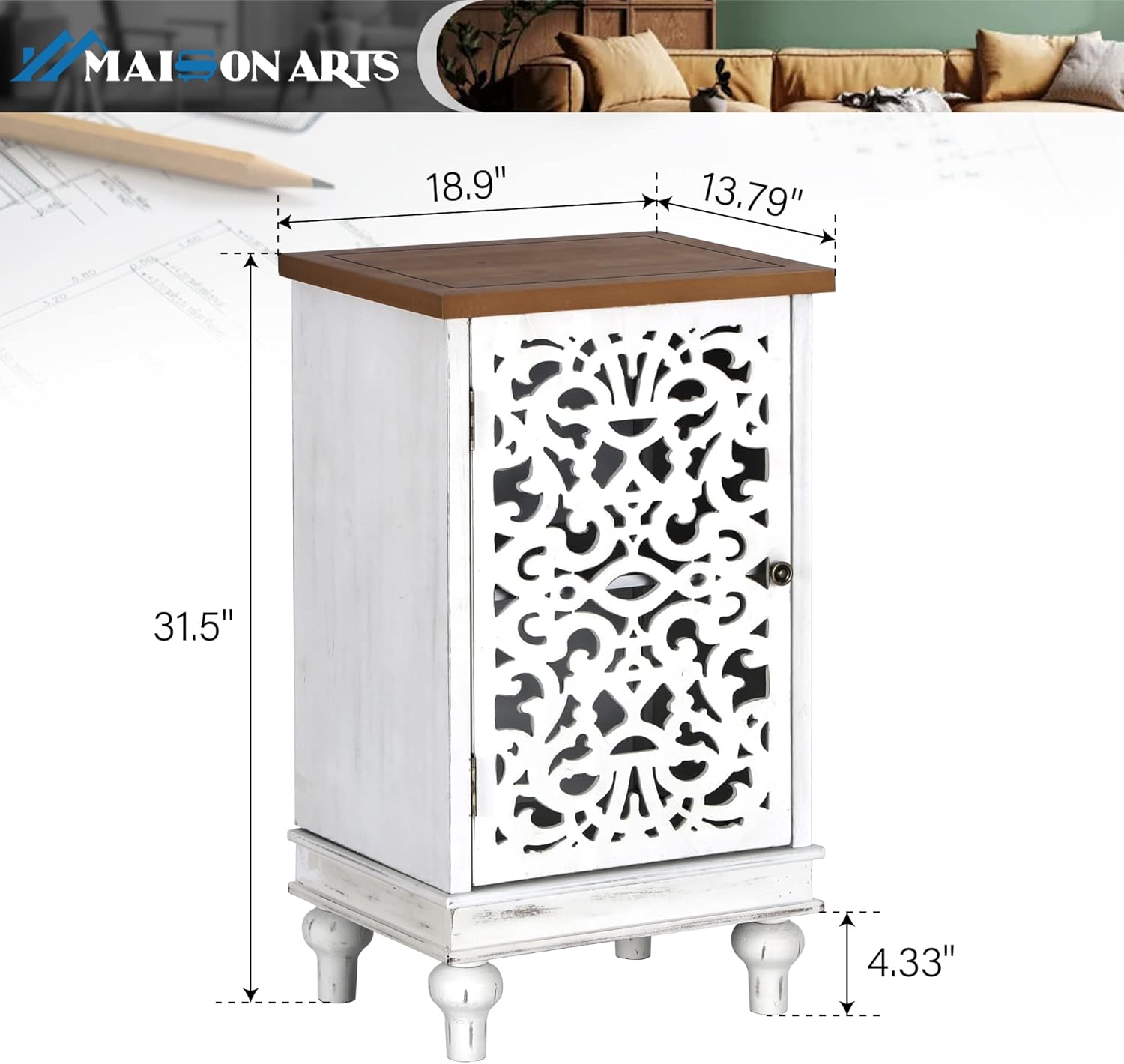 MAISON ARTS Accent Cabinet with Single Door, Small Distressed Storage Cabinet Farmhouse End Side Table for Living Room, Solid Wood Legs, White