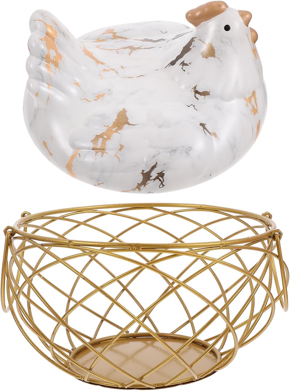 Chicken Shaped Iron Wire Egg Basket, White and Gold Grid Multifunctional Farmhouse Style Egg Storage Holder for Kitchen and Fruit Organization