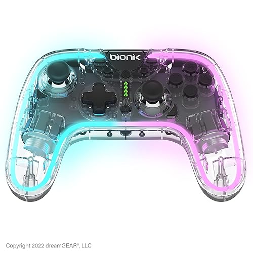 Bionik NeoGlow Wireless RGB Gaming Controller with Motion for Nintendo Switch, 900 mAh Rechargeable Battery, Turbo ModeGyroscopeTransparent