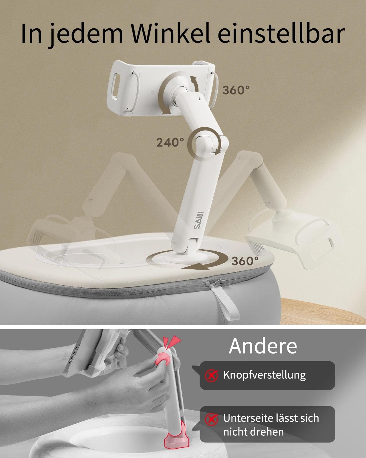 SAIJI Supporto per cuscino per tablet da letto regolabile per iPad con ciotola per snack di qualità alimentare, accessorio per bambini da 4,7 a 15,6 pollici, smartphone, tablet, grigio