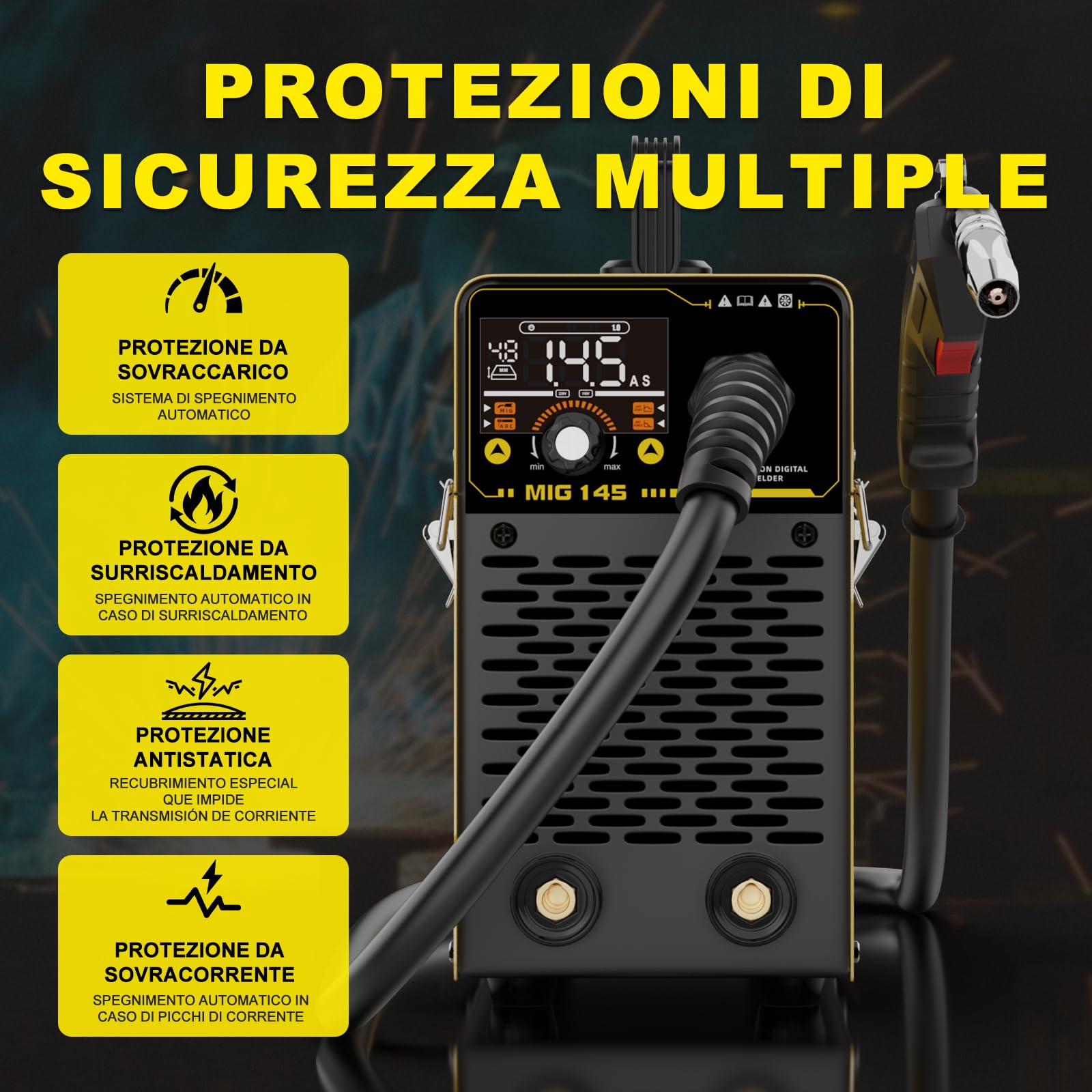 HAXIAOER 145A Saldatrice a Filo Continuo No Gas, 3 In 1 ARC/Flux MIG/MMA Lift TIG Saldatrice MIG con Luce LED, Compatta Saldatrice a Inverter, Avanzamento Filo Sinergico