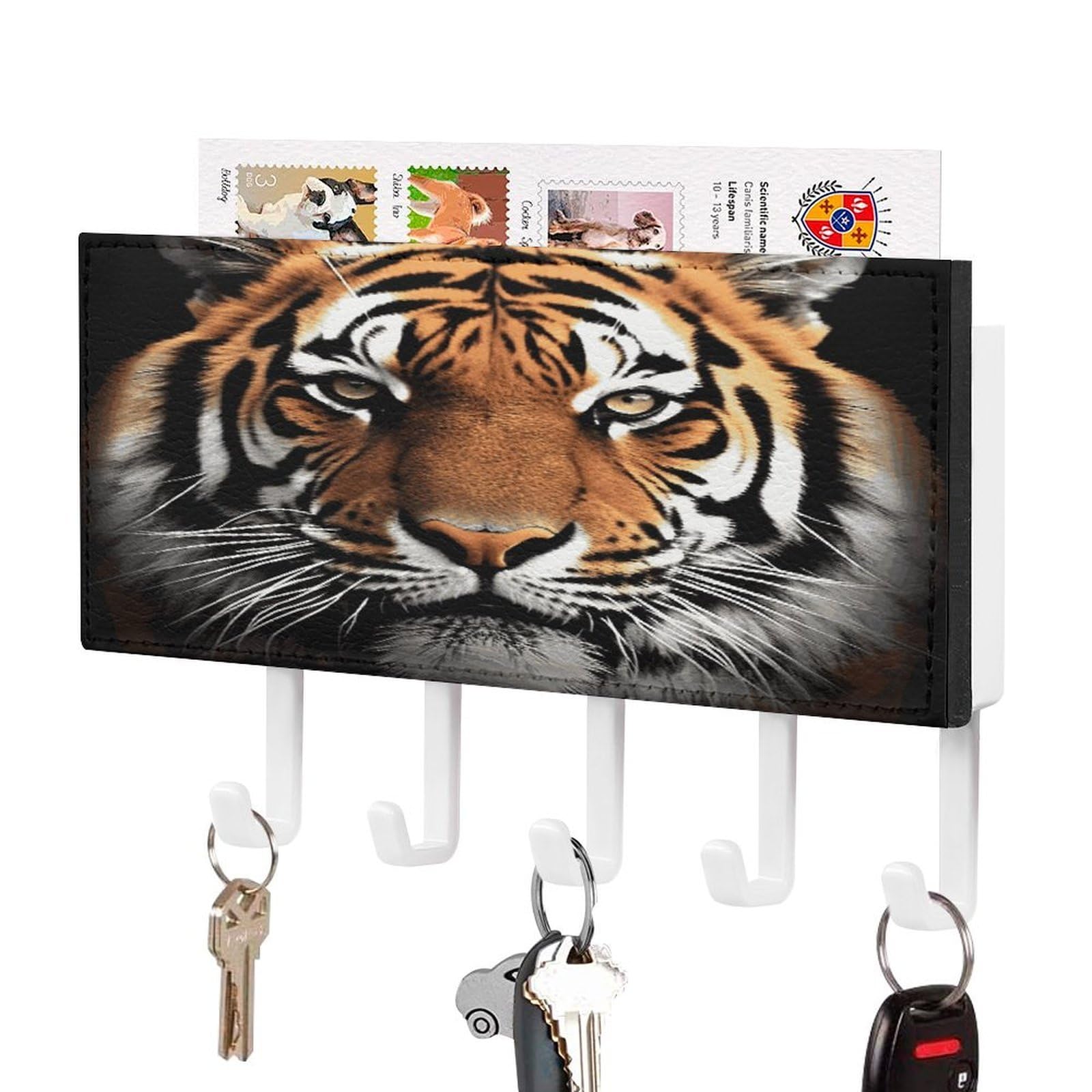 LDGSUPH Tiger Face Key Holder Wall Mount Key Hanger with 5 Hooks Fashion Key Organizer Rack Hanging Key Hooks with Mail Organizer Key Rack for Home Entryway Hallway White-Style