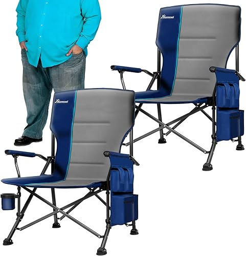 Romswi Paquete de 2 sillas de campamento de gran tamaño, capacidad resistente de 500 libras, sillas plegables con reposabrazos duros, portavasos y