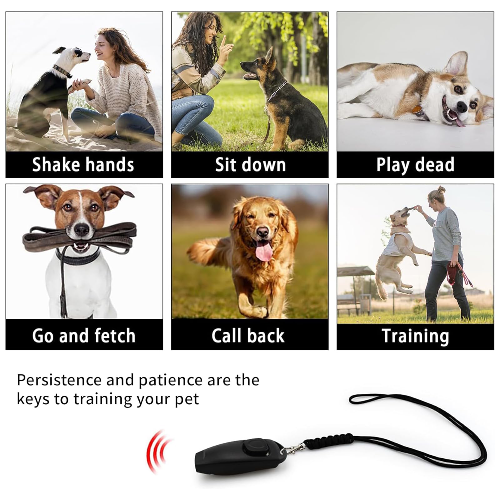 2 in 1 Clicker Professionale, 2 Pezzi Formazione Clicker, Fischietti per Cani con Cordino per Addestramento Animali Domestici(Nero/Rosso)