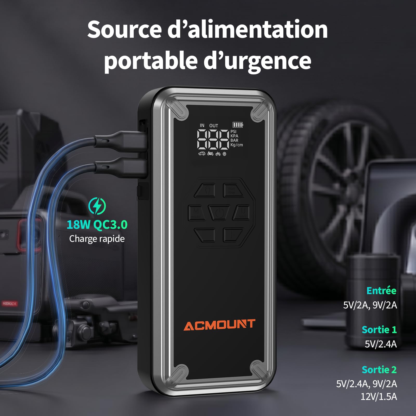 Acmount 7000A Booster Batterie Voiture avec Gonfleur 150PSI, 21800mAh Demarreur Batterie Voiture avec Lampe 800LM,18W Charge Rapide, Port de QC3.0 pour 12V Véhicules (Tout Gaz/12L Diesel)