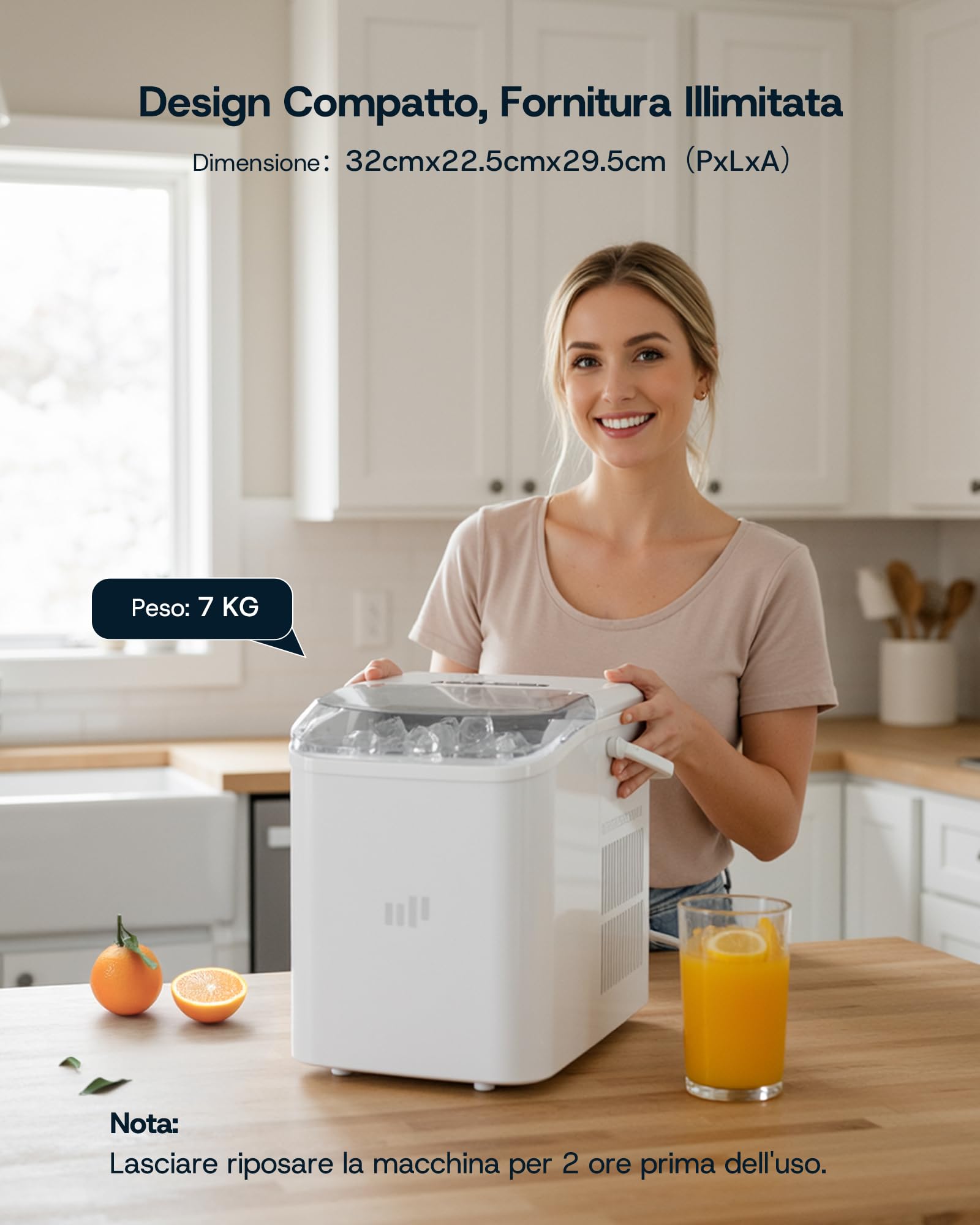 Upstreman Macchina Ghiaccio Autopulente, 12 kg/Giorno, 9 Cubetti in 6-8 Min, 2 Dimensioni di Ghiaccio Selezionabili, Silenziosa & Portatile per Casa, Cucina, Ufficio, Bar e Feste – BI12-Bianco