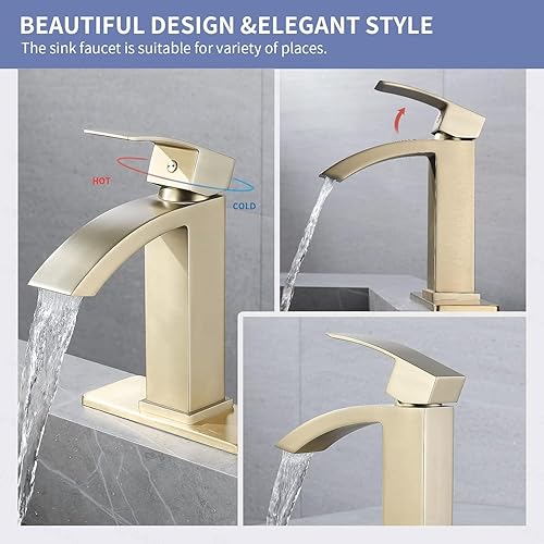 Miniatura 7 de Grifo de baño en cascada de una sola manija, grifo de baño para 1 o 3 agujeros, grifo de lavabo de cascada moderno, grifo de lavabo de oro cepillado