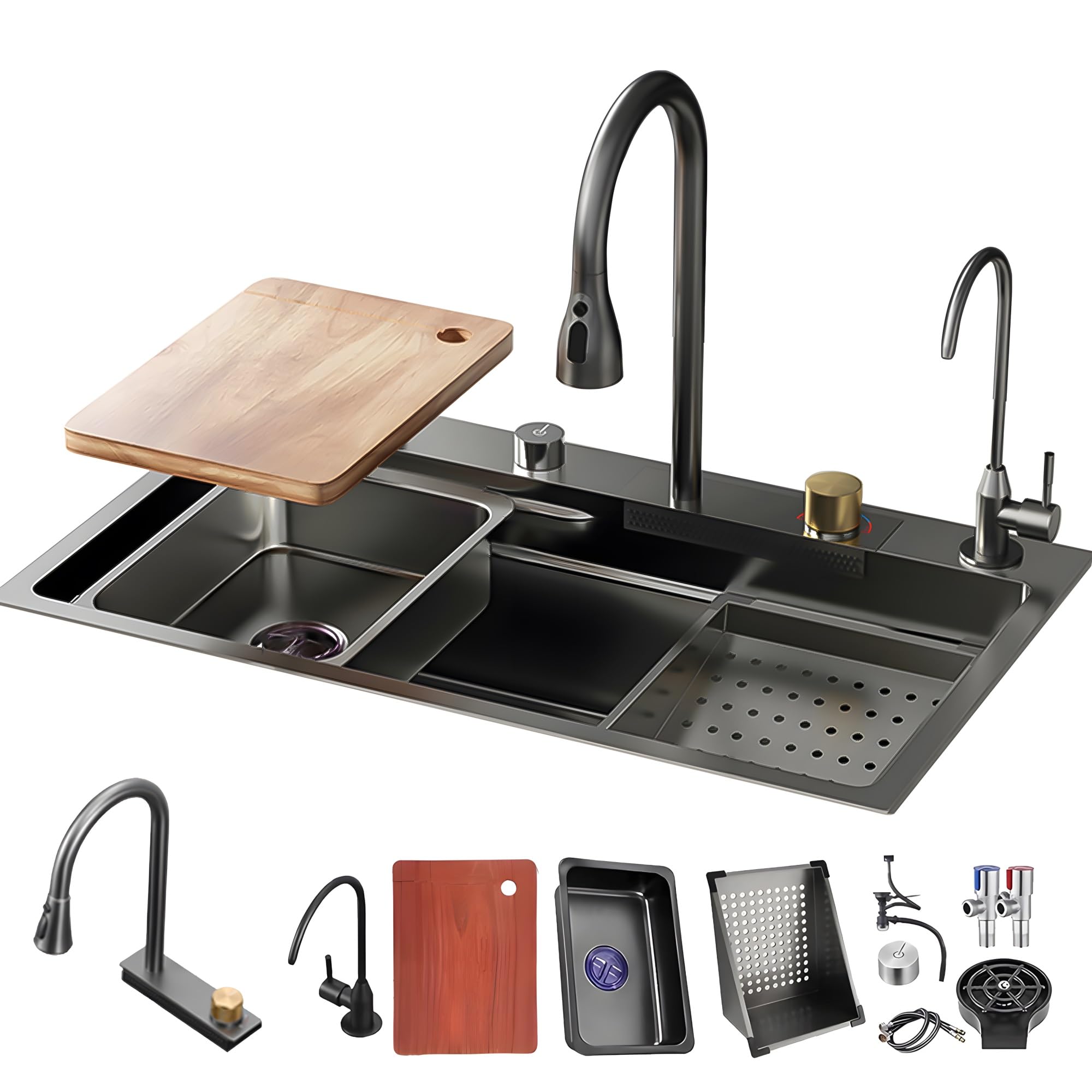WIQUYBML Black Stainless Steel, Single Bowl Workplace Waterfall Sink with Multifunctional Extendable Tap, Cup Rinse, Siphon, Overflow and Drain Accessories, Built-in