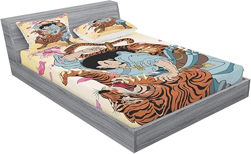 Miniatura 460 de Ambesonne Juego de sábanas bajeras y fundas de almohada occidentales, sombrero de vaquero con temática del salvaje oeste y cuerda de ganadería vieja