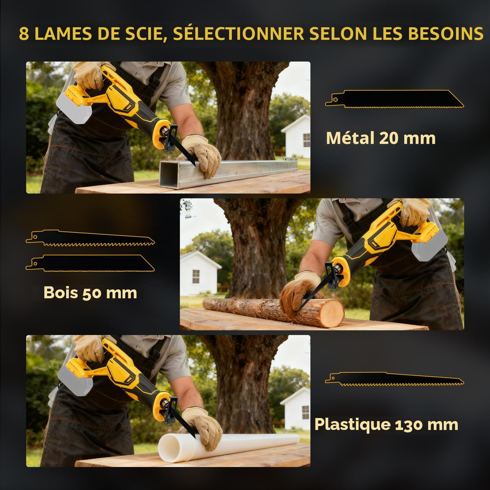 Scie sabre sans fil pour Dewalt 20 V, 3000 SPM, scie sabre sans fil, vitesse variable avec 8 lames de scie pour couper le bois, le métal, le plastique (sans batterie)
