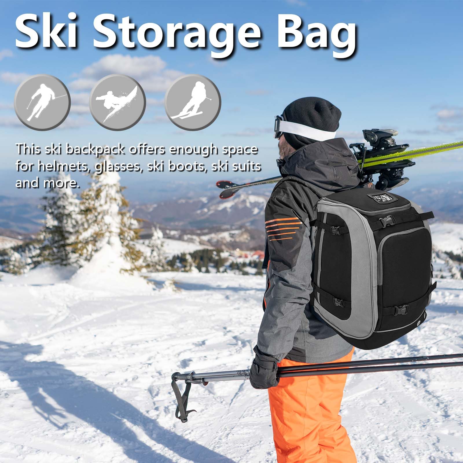 Skischuhtasche Sport, 65L Große Skitasche für Skischuhe Skischuhtasche mit Helmfach Schwarz Ski Tasche Skisack Set Skischuhtaschen Skitouren Rucksack Kann Snowboard Skischuh Schlittschuhe Helm