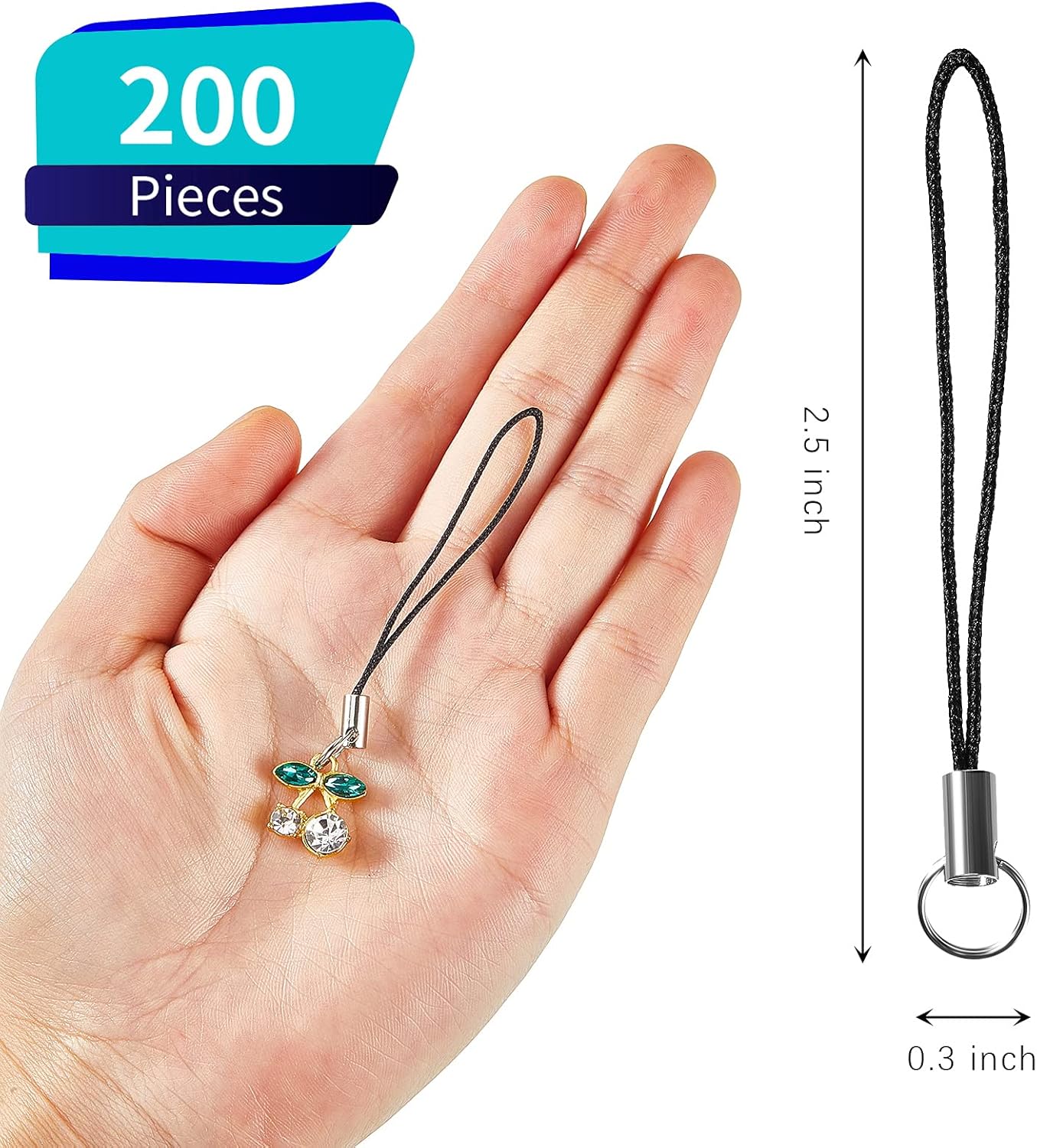 Frienda 200 Pcs Phone Charms Strap Kit, Cell Phone Split Ring Strap, Keychains String, Lariat Lanyard Loop Charms Pendant Clasp for Cell USB Keychains DIY Jewelry Accessories(Black) - Image 2