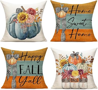 All Smiles Fall Outdoor Throw Pillow Covers 18x18 Set of 4 Autumn Bule Pumpkin Thanksgiving Halloween Decorative Cushion Cases Home Decor Decorations for Patio Couch Chair Sofa Farmhouse