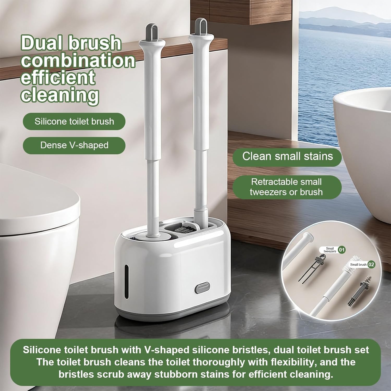 ROOM127 Toilet Brush and Holder Set, 2-in-1 Toilet Bowl Brush with V-Shaped Crevice Brush, Wall Mounted Long Handle Bathroom Toilet Cleaner, Under Rim Scrubber for Tile, Floor and Corner Cleaning