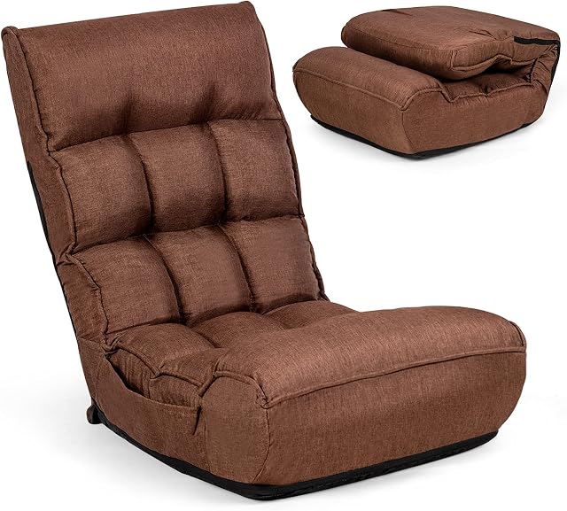 COSTWAY Folding Sofa Chair, 4-Position Adjustable Floor Lazy Recliner with 5-Angle Headrest and Side Pocket, High Back Reading Gaming Lounge Chair for Living Room Bedroom Office (Coffee)