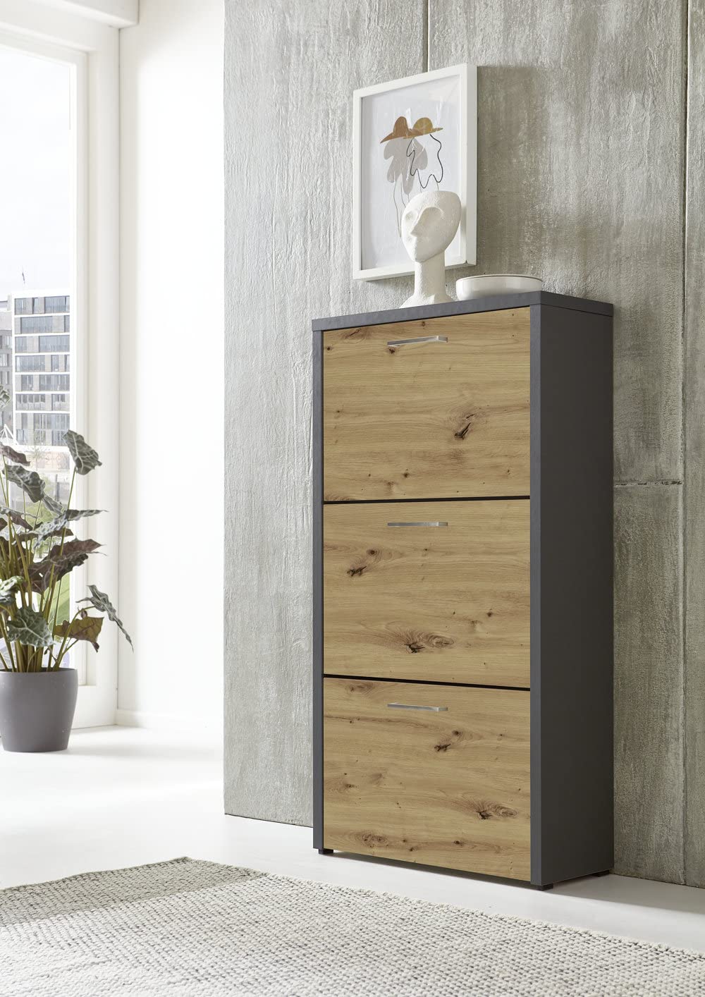 BMG Möbel Schuhkipper »Siena« (Schuhschrank Schuhregal Schrank Garderobe, 3 Klappen), Metallgriffe, 18 Paar Schuhe (Anthrazit/Artisan Eiche)