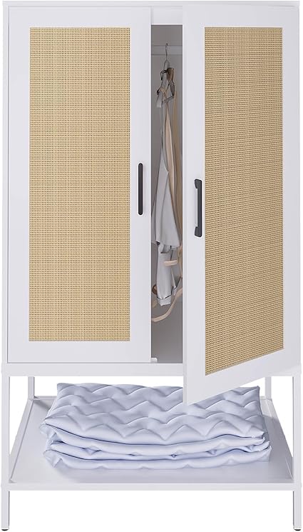 Wardrobe Closet,Rattan Bedroom Armoires with 2 Doors,Wooden Wardrobe Cabinet with Shelves and Hanging Rod for Clothes,White