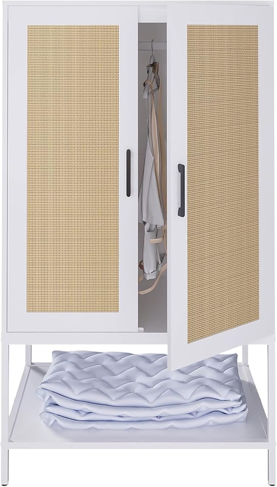 Wardrobe Closet,Rattan Bedroom Armoires with 2 Doors,Wooden Wardrobe Cabinet with Shelves and Hanging Rod for Clothes,White