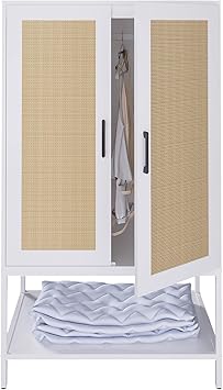 Wardrobe Closet,Rattan Bedroom Armoires with 2 Doors,Wooden Wardrobe Cabinet with Shelves and Hanging Rod for Clothes,White