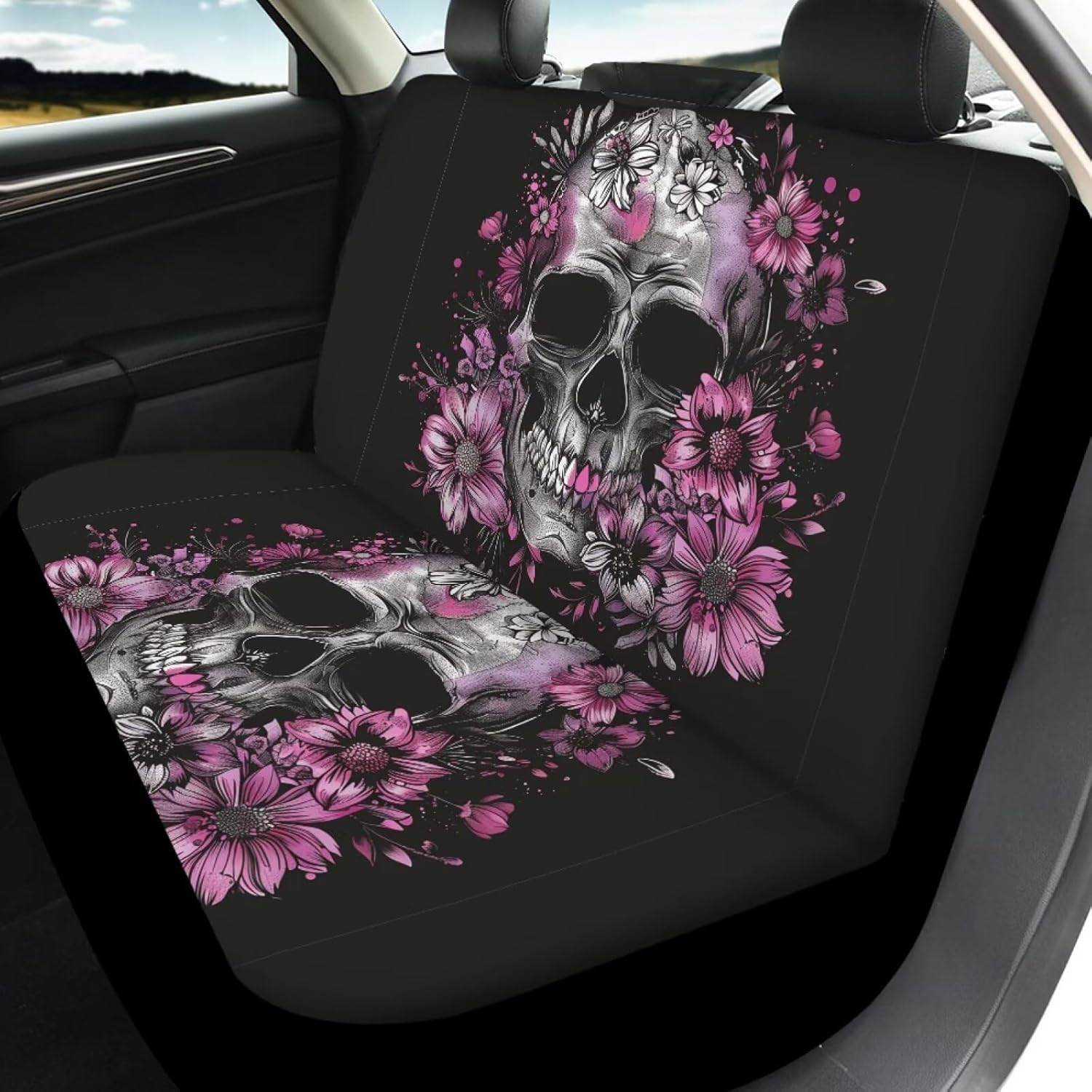 Howilath 4 Pack Car Seat Cover Full Set Gothic Skull Flower Front & Rear Seat Protectors Auto Accessories All Seasons Use