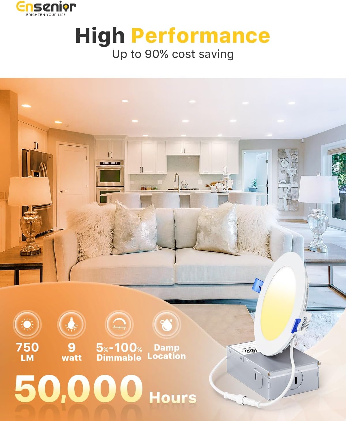 ensenior 12 pack 4 inch led recessed light, dimmable, 2700k-5000k 5cct, 750lm high brightness, 9w 120v, 3 pin, erl-9x-etl, damp rated, ultra-thin canless wafer ceiling light - etl & fcc & ic 2700/3000/3500/4000/5000k - 5cct white 4 inch