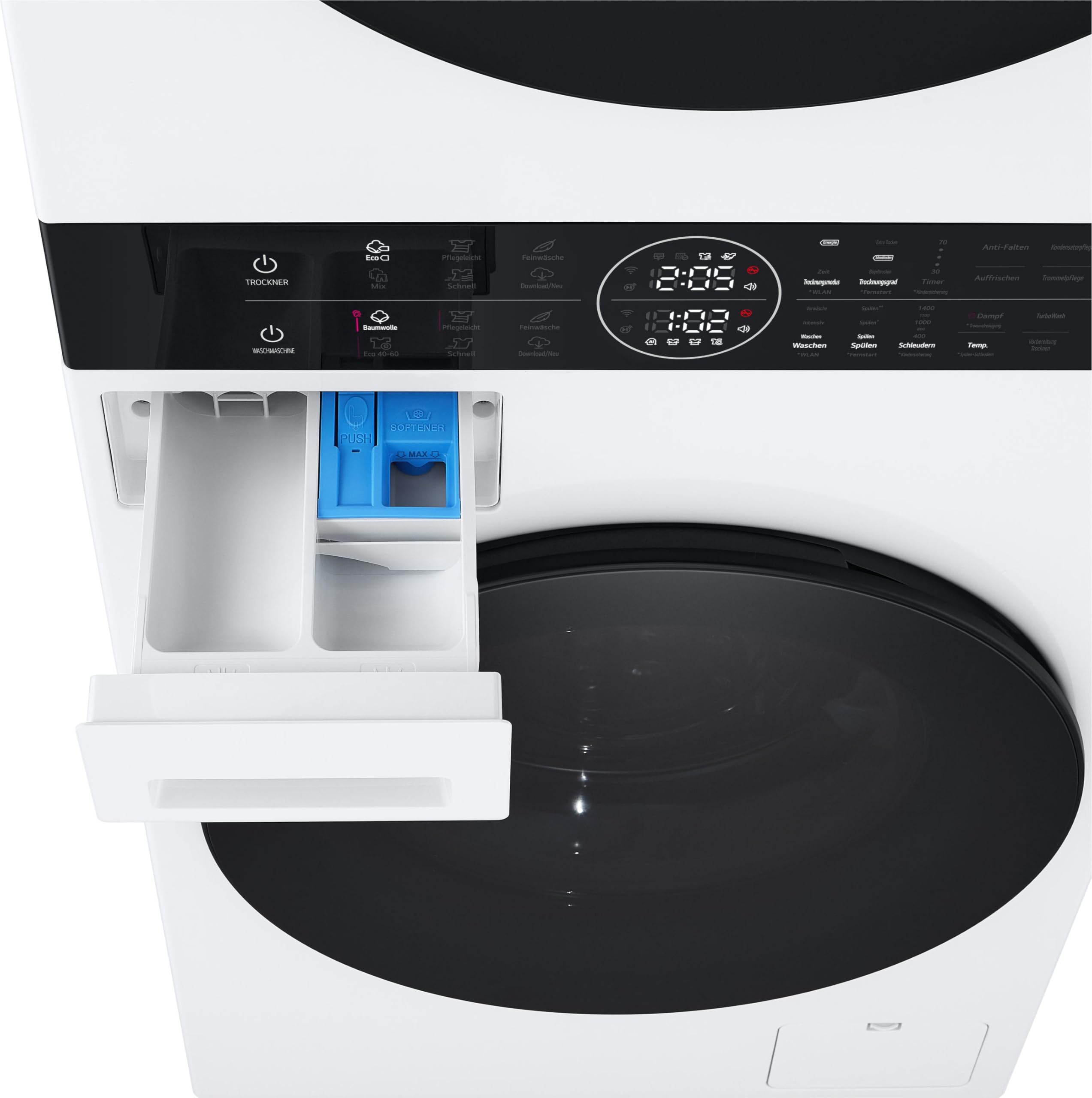 LG WT1210WWF WashTower, Waschmaschine (12 kg, EEK A-10%) und Trockner (10 kg, EEK C) mit One-Touch-Display, TurboWash 360°, AI DD, Dual Inverter Wärmepumpe, Weiß