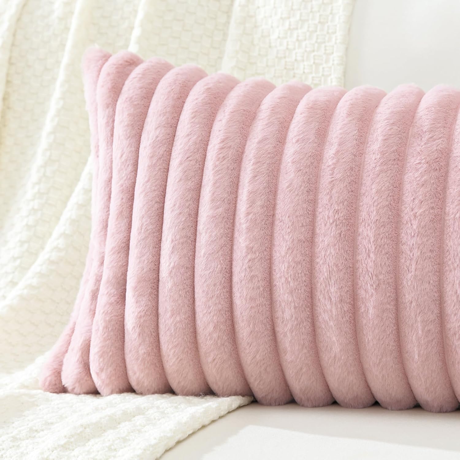 OTOSTAR Blush Pink Lumbar Decorative Pillow Cover 14x36 Inch Boho Faux Rabbit Fur Long Body Throw Pillow for Bed Sofa Couch Soft Plush Striped Pillow Case Velvet Farmhouse Cushion Cover