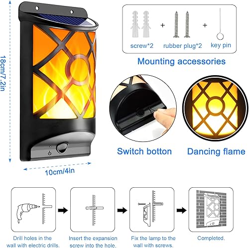 Miniatura 4 de LazyBuddy Luces solares de llama para exteriores luces parpadeantes luz solar de pared 66 LED impermeable efecto de fuego decoración faroles de