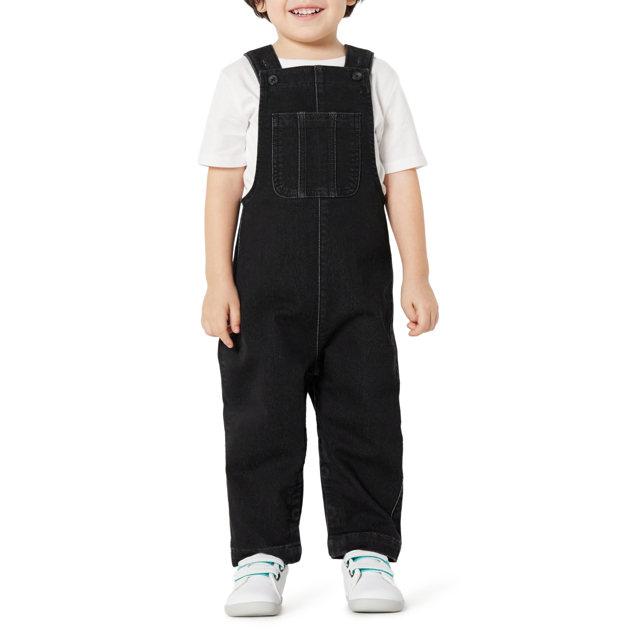 Amazon Essentials Unisex Babies' Soft Stretch Regular-Fit Denim Overalls, Black Wash, 24 Months