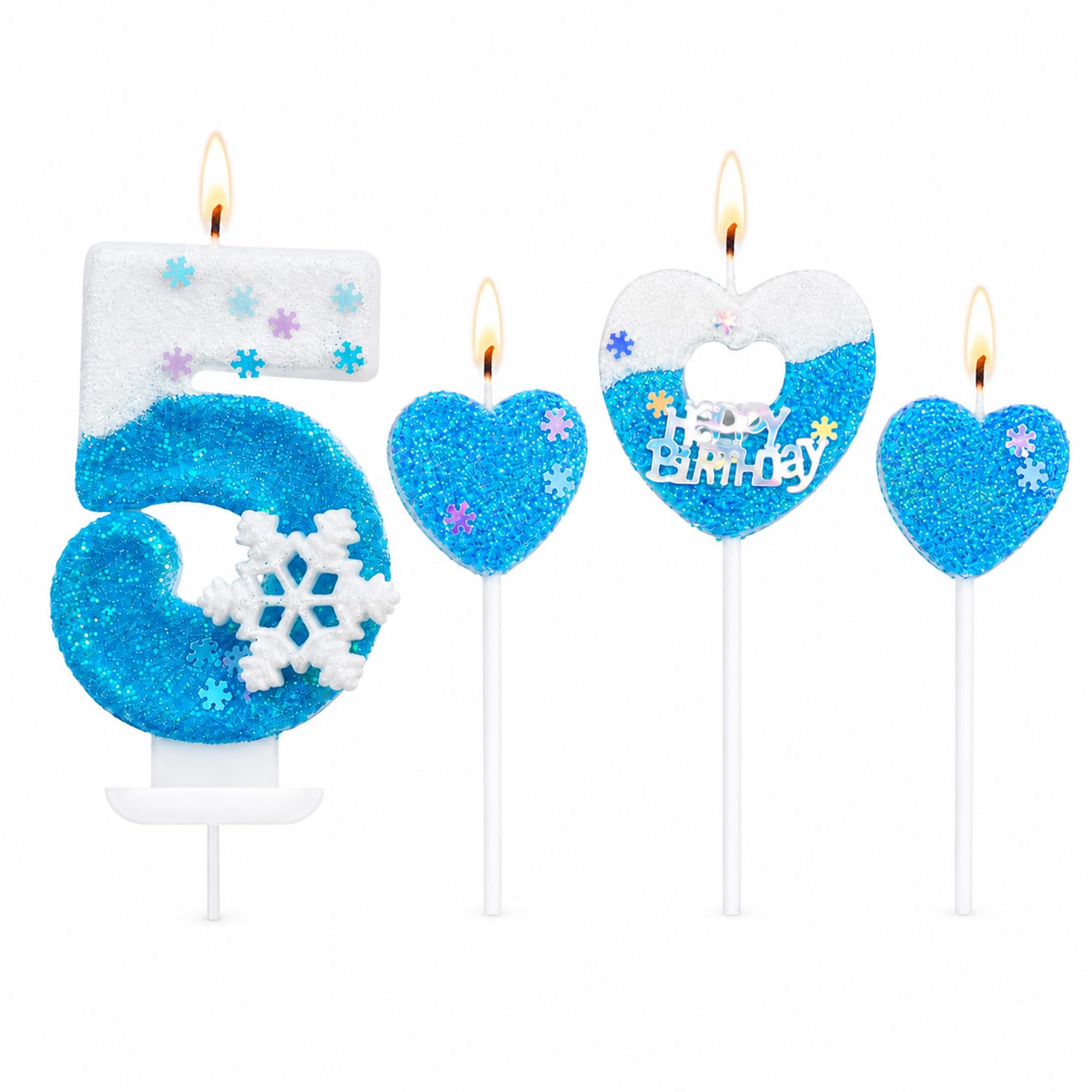 Bolosa Number 5 Candle for 5th Birthday Cake, Ice and Snow Theme Blue Snowflake 5th Birthday Cake Candles, 4 Pcs with Heart Cake Toppers,for Girls Kids Winter Wonderland 5th Birthday Party Decorations