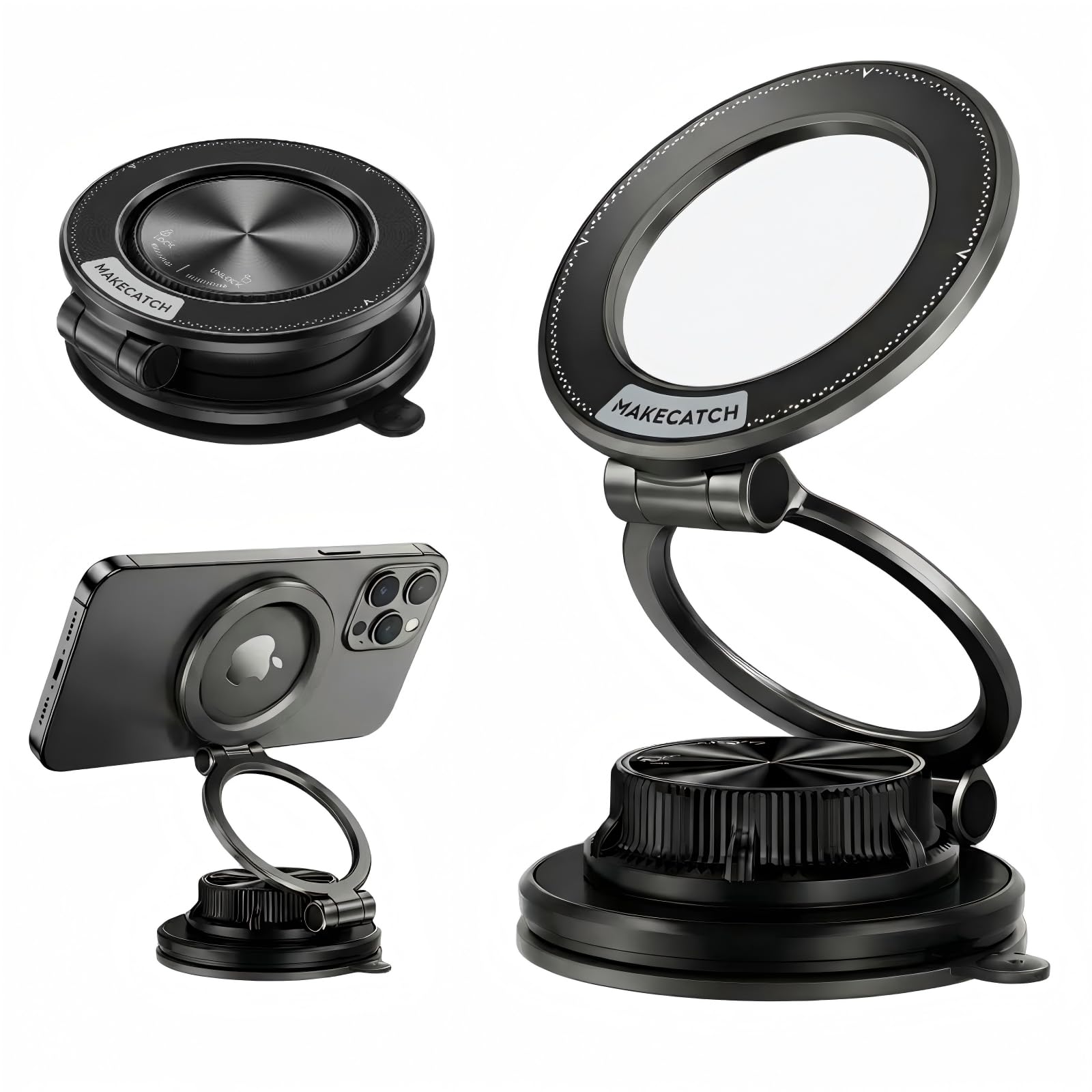 makecatch Vacuum Magnetic Car Phone Mount 120 LB N55 Magnet 3000gf Dashboard Windshield Holder with Ultra-Stable Suction Cup