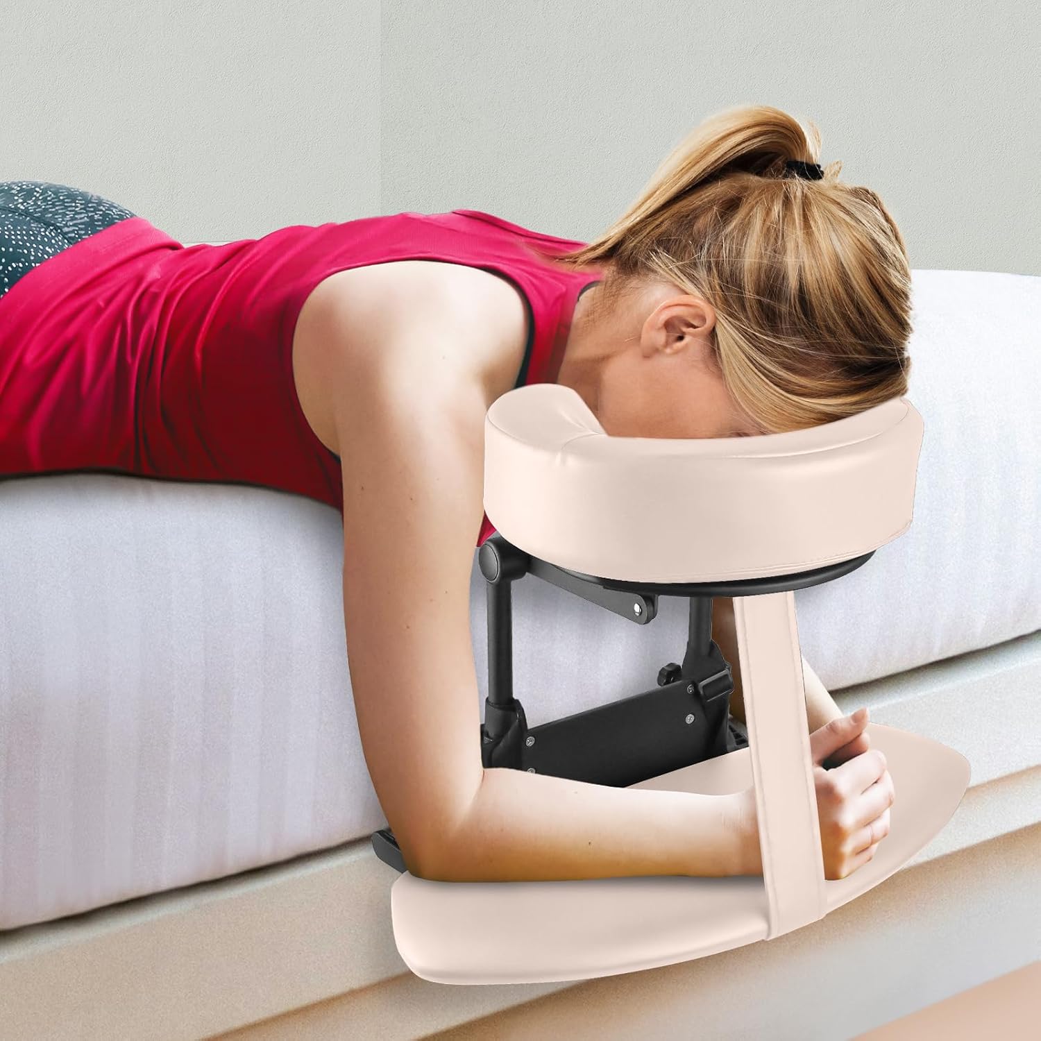 EBANKU Mattress Top Massage Kit, Adjustable Massage Headrest Face Cradle Cushion, Face Down Pillow with Massage Table Arm Rest for Bed at Home(Cream)