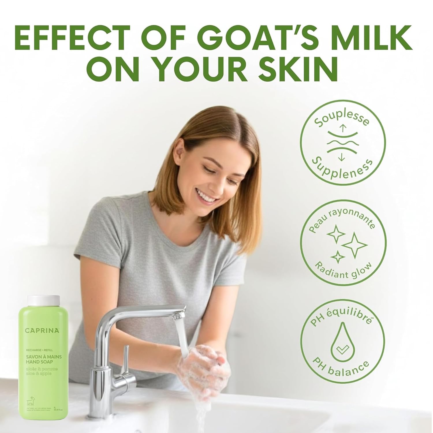 Caprina Liquid Hand Soap Refill, Aloe & Apple, 1 L, Fresh Goat’s Milk, Soothing Cleanser for Sensitive Hands