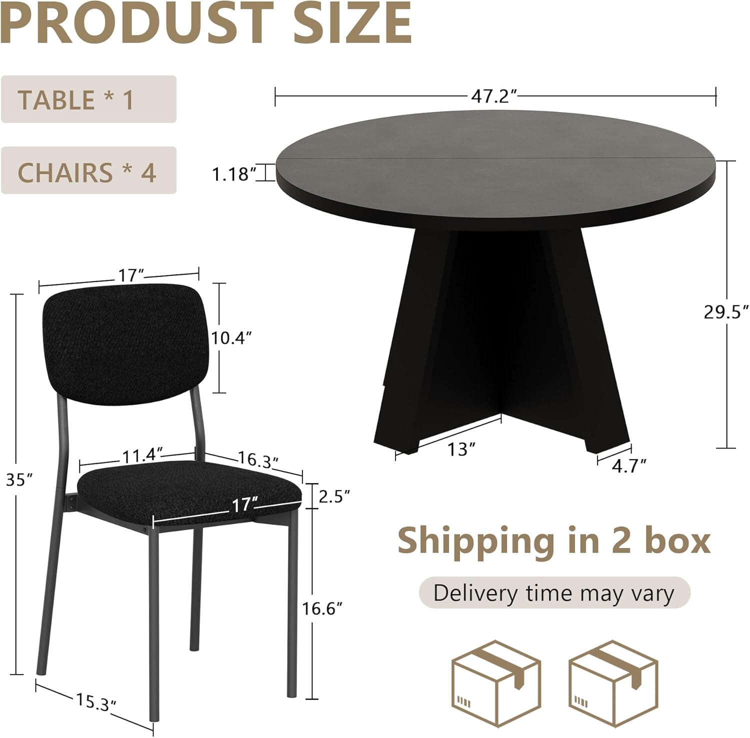 Einhomn 5-Piece Round Dining Table Set for 4, 47" Modern Kitchen Table and 4 Upholstered Chairs, Round Dining Room Table Set with Wood Base, Black Table+4 Black Chairs