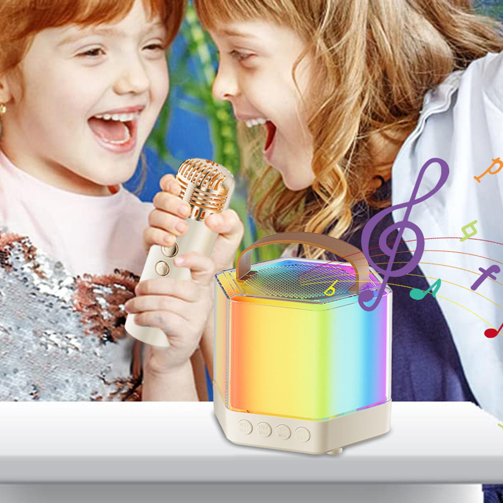 Maszyna do karaoke z 2 mikrofonami, przenośny mikrofon zewnętrzny i | głośnik | oświetlenie RGB 2 bezprzewodowe mikrofony, zestaw głośników karaoke dla lepszej atmosfery imprezowej
