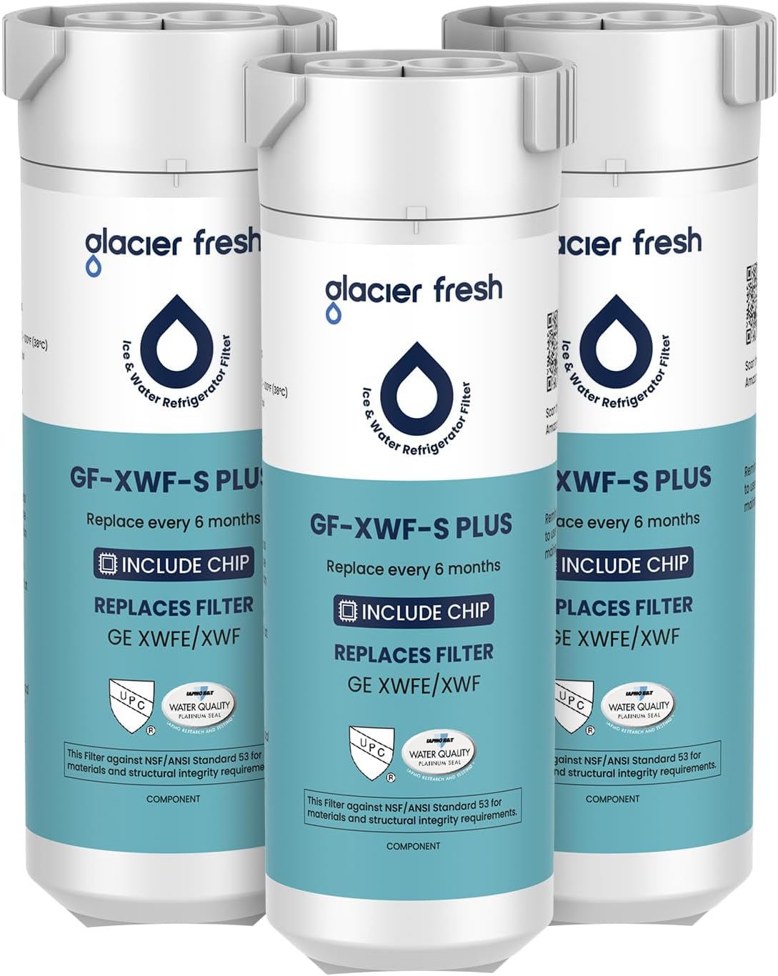 GLACIER FRESH Water Filter Compatible with XWFE (Built-in CHIP), Replacement for GE XWFE, XWF Refrigerator Water Filter NSF/ANSI 53 Certification Pack of 3