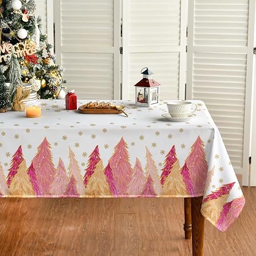 Horaldaily Mantel de Navidad de 52 x 70 pulgadas, diseño de árboles rosas y nieve dorada, lavable, para decoración de fiestas, pícnic, cenas