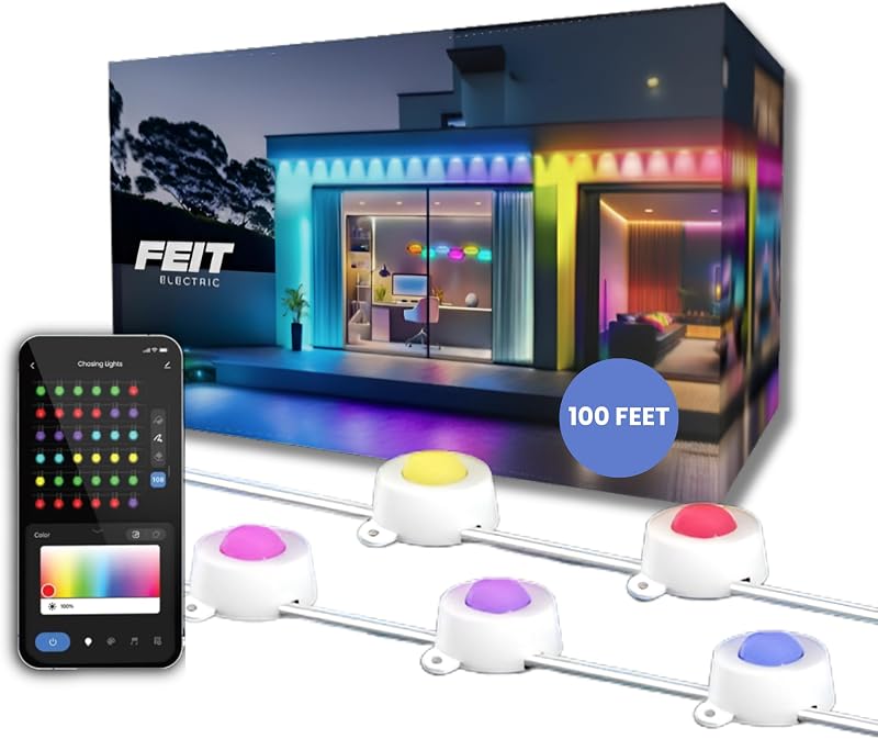 Feit Electric Luces permanentes para exteriores, cadena de luces inteligentes, luces LED de 100 pies, luz debajo del alero habilitada para WiFi de 2,4 GHz, funciona con Alexa y Google Asst, control de aplicaciones, resistente a la intemperie, SL100-60/RGBTW/AG