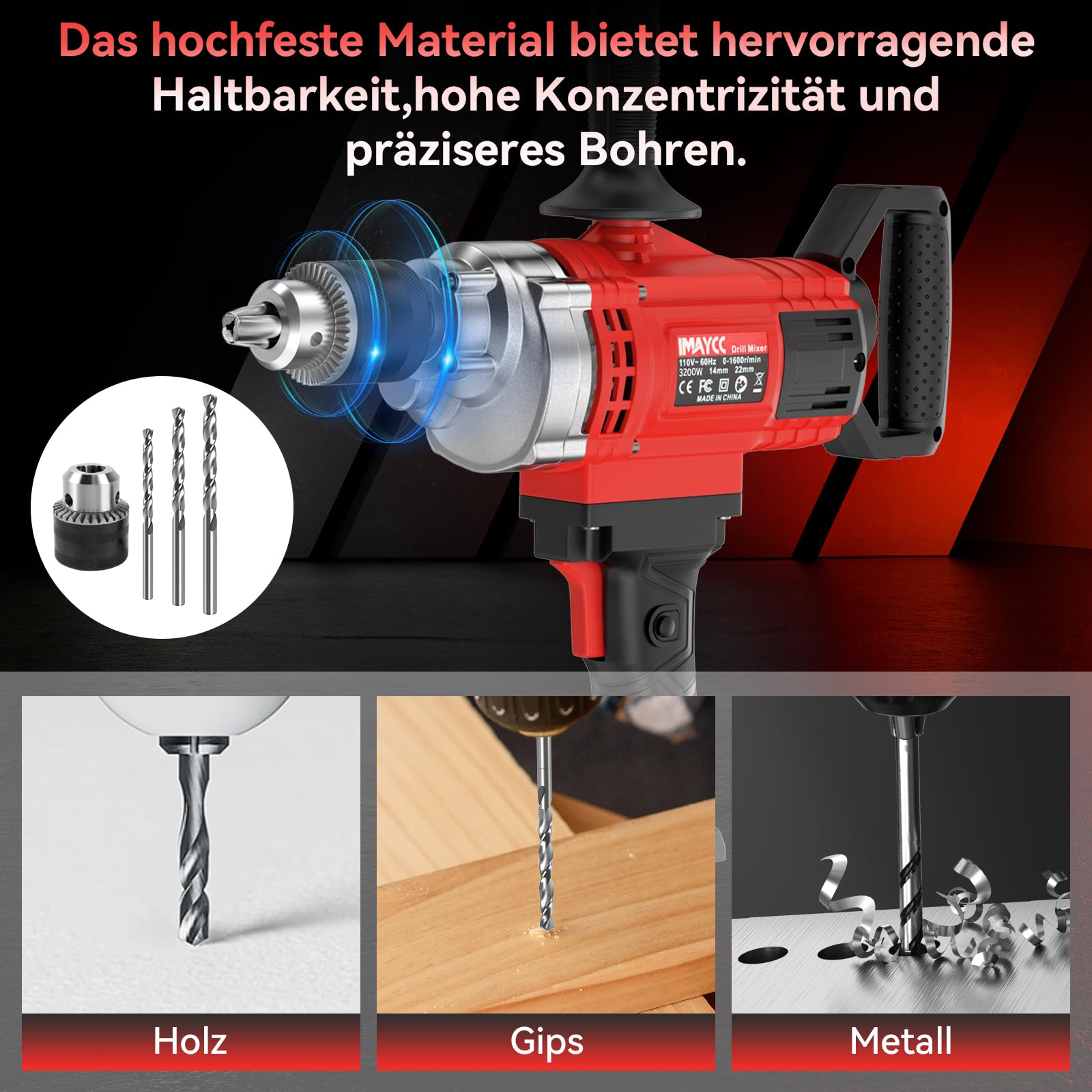 IMAYCC Neu 2-in-1 Bohren Rührwerk Set, Tragbarer Betonmischer 3200W 20A für Bohren und Mischen, Variabler Geschwindigkeit Betonschlamm Mixer, Ideal für Futtermittel, Putz, Farbe, Zement, Mörtel etc.