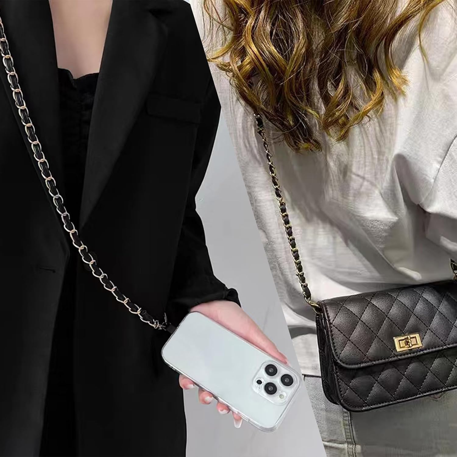 2PCS Cell Phone Chain Crossbody,Phone Lanyard,47.2" Metal Chain with Leather Strap for IPhone Case