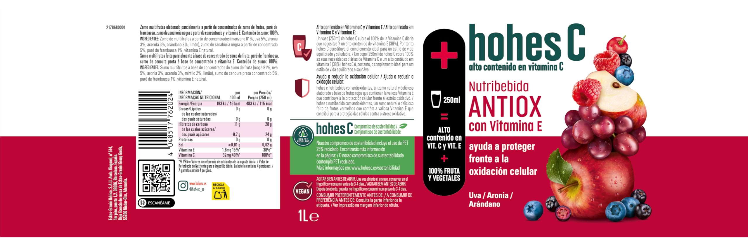 hohes C Nutribebida Antiox con Vitamina E - Zumo de Manzana, Uva, Aronia, Acerola, Arándano, Zanahoria Negra y Limón 100% natural 1L