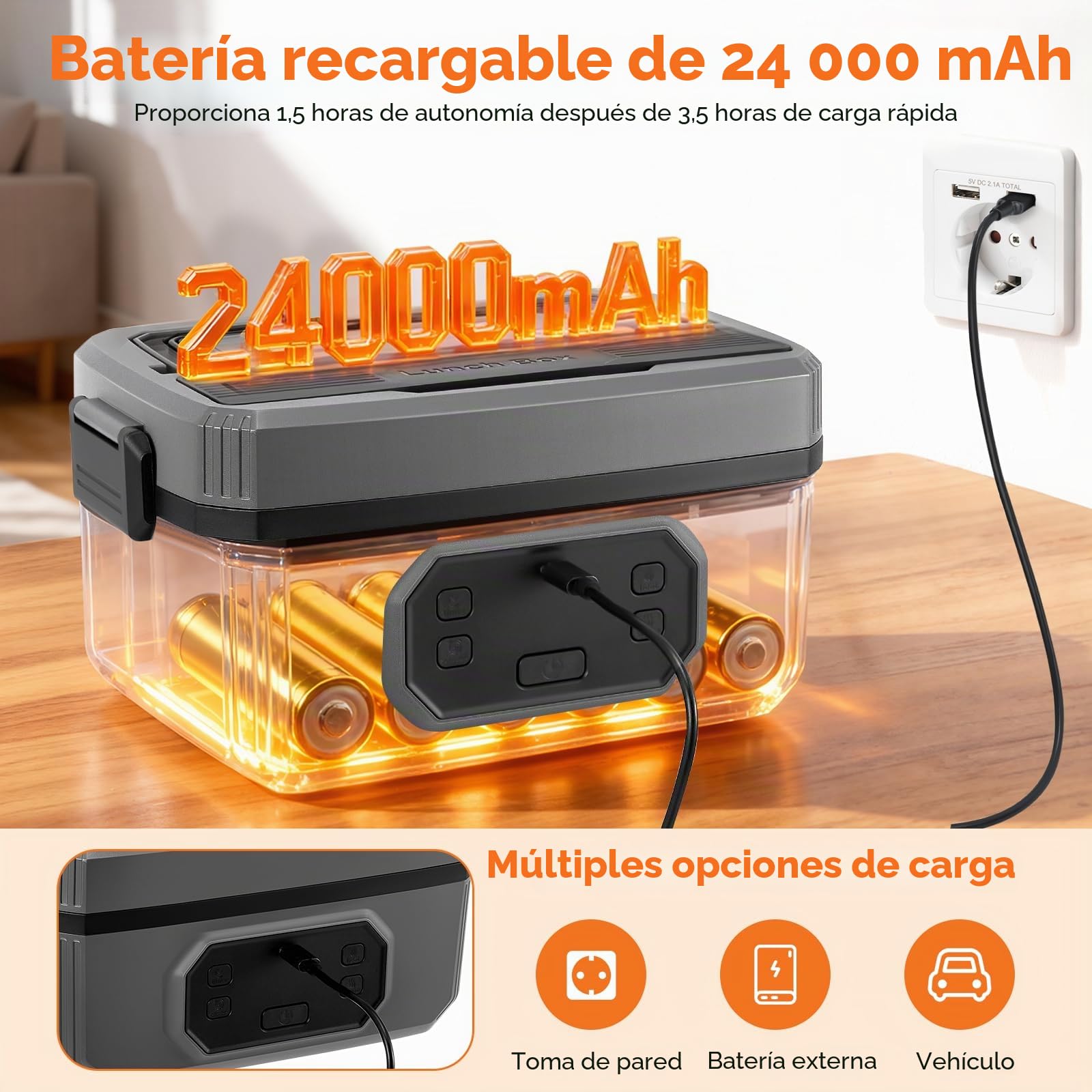 Fiambrera Eléctrica Sin Cables 1.3 L,Tupper Calentador para Comida,Recargable para Almuerzo Eléctrico con Batería 24000mAh, Para Coche Camión Oficina y Trabajo