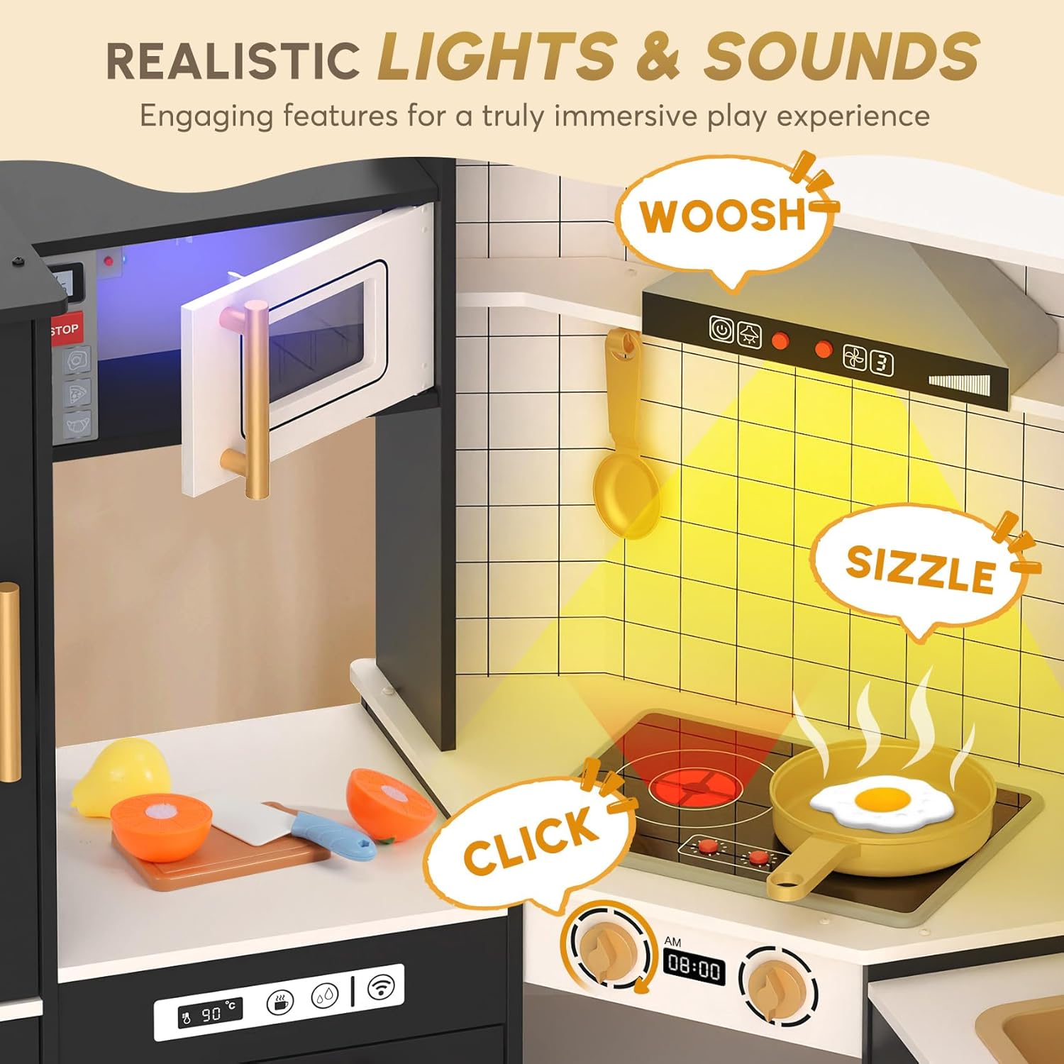 BIERUM Play Kitchen with Real Lights & Sounds - Coner Wooden Kitchen Playsets, Toy Kitchen with 28 Pcs Toy Food & Cookware Accessories, Gift for Boys & Girls Ages 3+